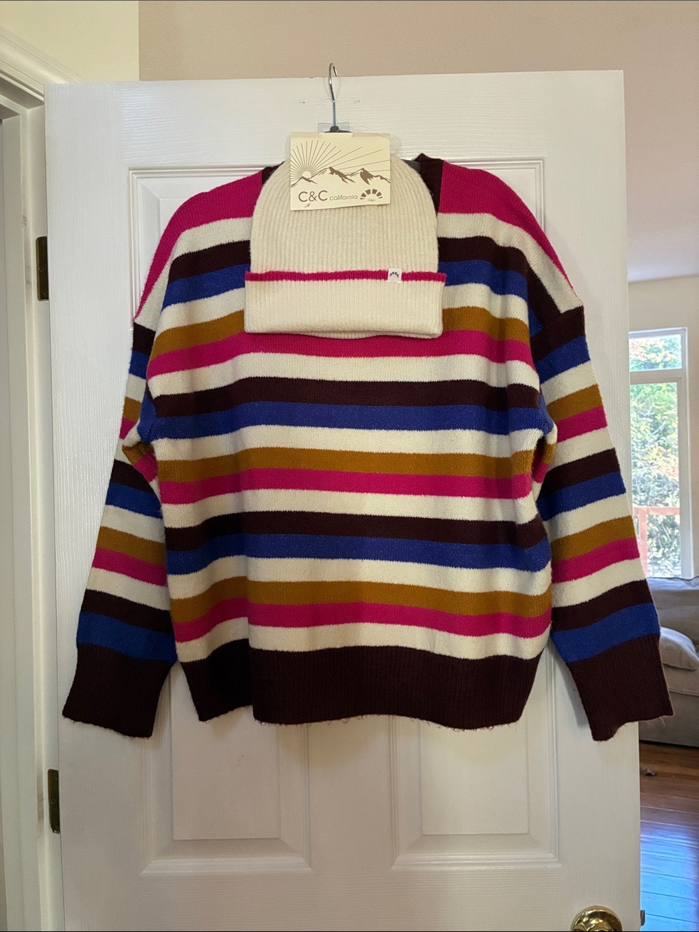 C&C California Multicolor Striped Crewneck Sweater with Cream Beanie
